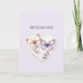 Cartão Coração Floral Rosa Lavanda Borboletas Aniversário