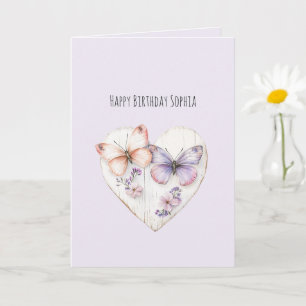 Cartão Coração Floral Rosa Lavanda Borboletas Aniversário