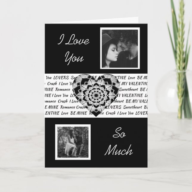 Cartão Coração Mandala Preto e Branco Foto Dia dos Namora (Frente)