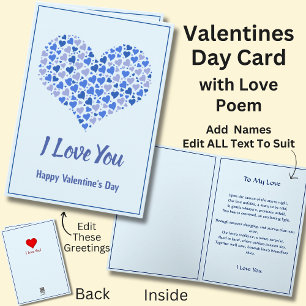 Cartão Coração Namorados Azul com Poema de Amor