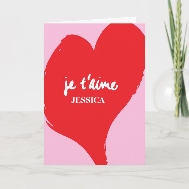 Cartão Coração vermelha com je t’aime-text sobre fundo ro (Frente)