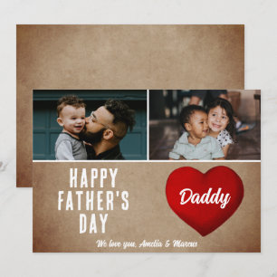 Cartão Coração Vermelho Rústico Feliz Dia dos Pais Papai 