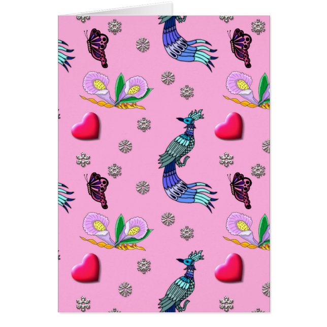 Cartão Corações & pavões - cor-de-rosa & prazer ciano (Frente)