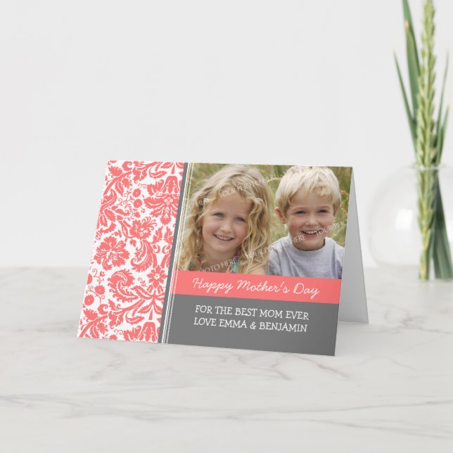 Cartão Coral Damask Photo Happy Mother's Day Card (Frente)