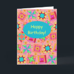 Cartão Coral Orange Patchwork Quilt Art Happy Birthday<br><div class="desc">Say "Happy Birthday" to a quilter or quilt lover with this colorful fully customizable greeting card. Add your own words and names. The sentiment words inside the card can be customized to your own words. This original quilt art makes a vibrant color note or greeting card. Quilt art based on...</div>