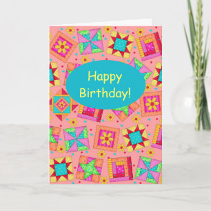 Cartão Coral Orange Patchwork Quilt Art Happy Birthday