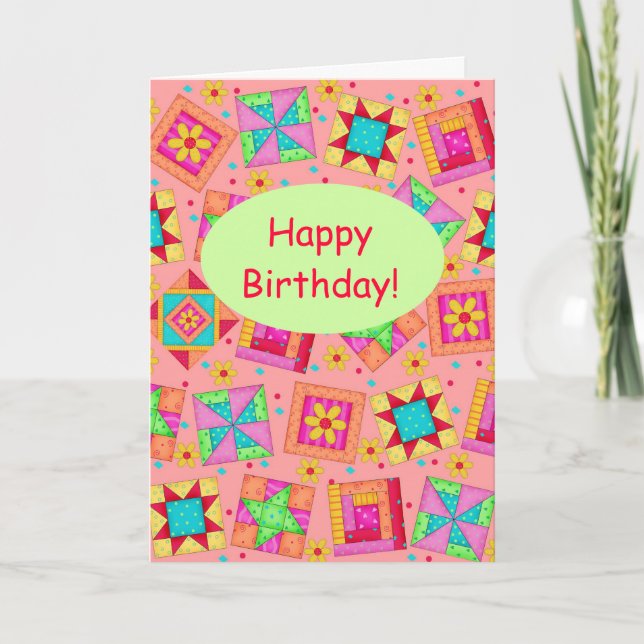 Cartão Coral Orange Patchwork Quilt Art Happy Birthday (Frente)