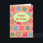 Cartão Coral Orange Patchwork Quilt Art Happy Birthday<br><div class="desc">Say "Happy Birthday" to a quilter or quilt lover with this colorful fully customizable greeting card. Add your own words and names. The sentiment words inside the card can be customized to your own words. This original quilt art makes a vibrant color note or greeting card. Quilt art based on...</div>