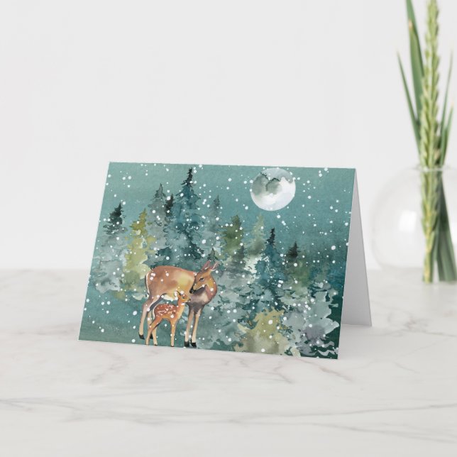 Cartão Corça e Cervo no Bosque Neve Lua Cheia (Frente)