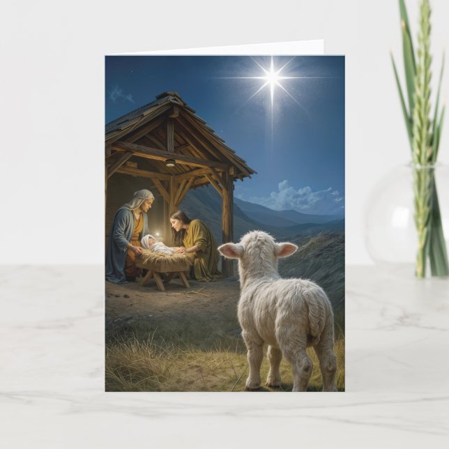 Cartão Cordeiro de Natal Observando o Presépio (Frente)