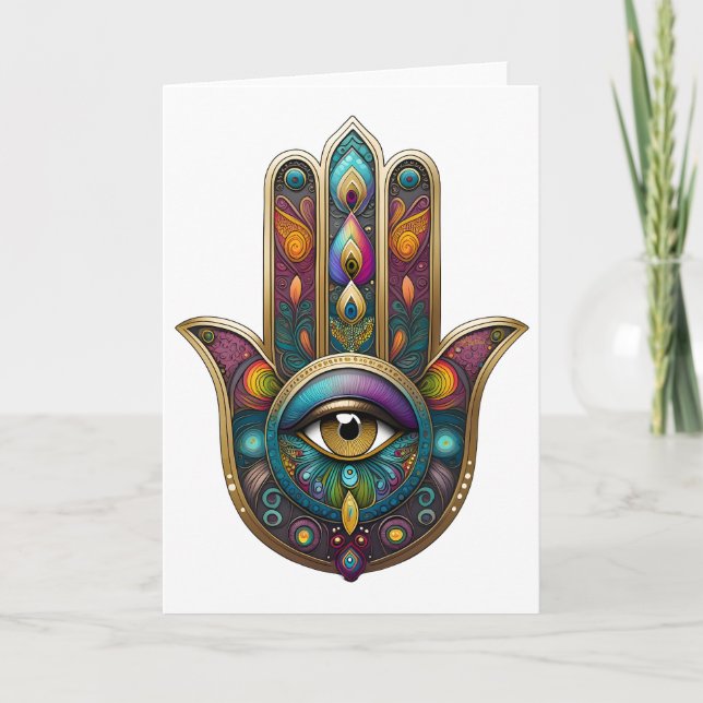 Cartão Cores de Pavão Hamsa com Terceiro Olho Dourado (Frente)
