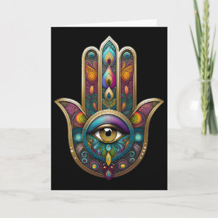 Cartão Cores de Pavão Hamsa com Terceiro Olho Dourado