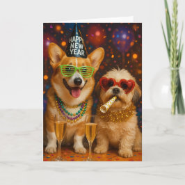 Cartão Corgi and Shitzu Pups Celebrating New Years Card