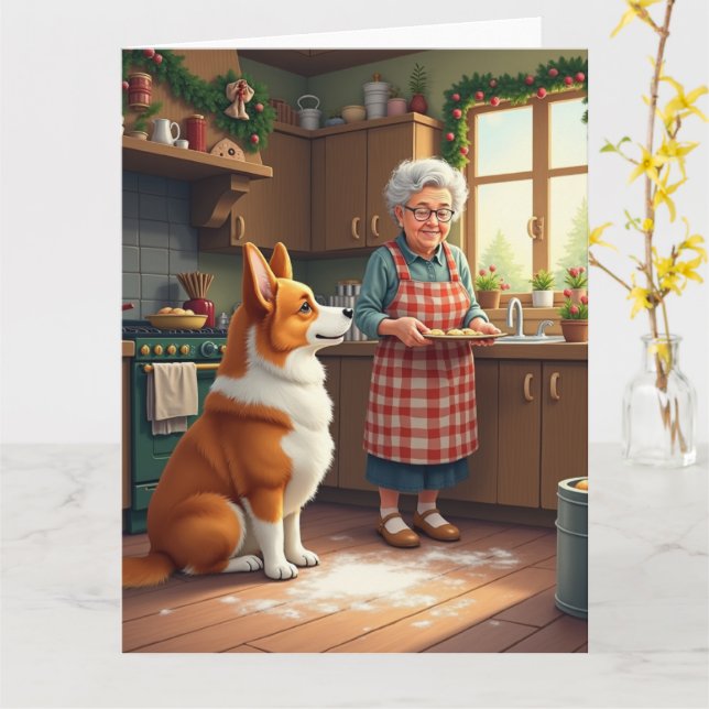 Cartão Corgi Baking with Grandma Christmas Painting (Flor Amarela)