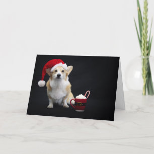Cartão Corgi com Gorro de Natal e Xícara de Creme Chantil