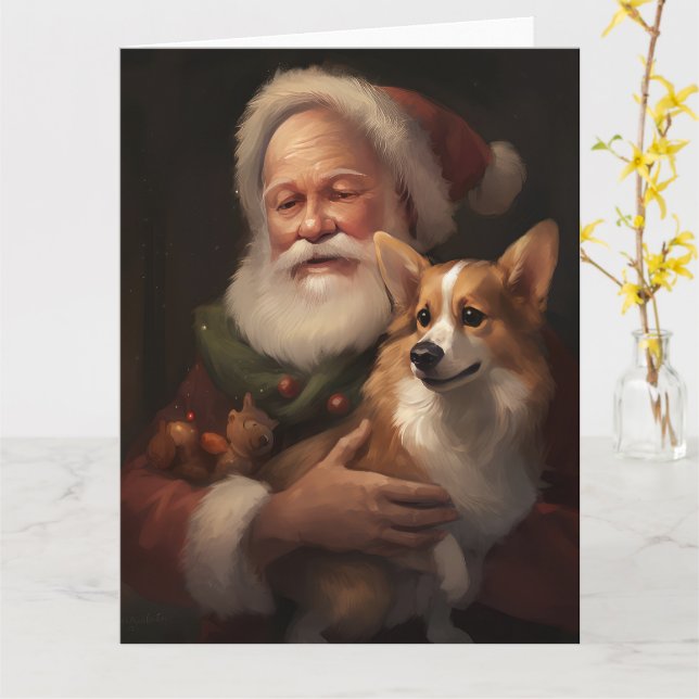 Cartão Corgi com Papai Noel Natal Festivo (Flor Amarela)