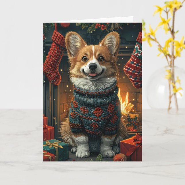 Cartão Corgi com Presentes de Natal na Lareira (Flor Amarela)