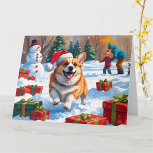 Cartão Corgi Correndo na Neve com Chapéu de Natal