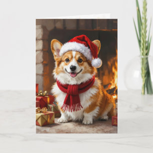 Cartão Corgi de Natal ao lado da Lareira