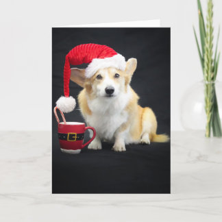 Cartão Corgi de Natal com Chapéu, Xícara e Cana de Açúcar