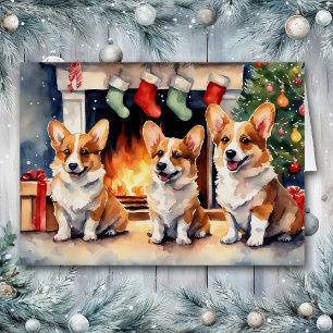 Cartão Corgi Dog Trio Pela Lareira de Natal