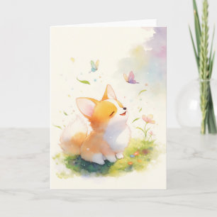 Cartão Corgi Feliz com Dança de Borboleta