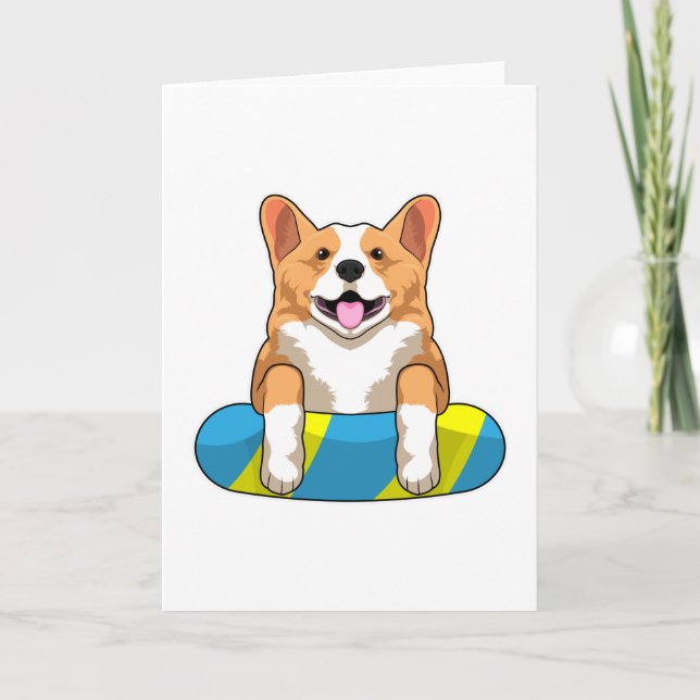Cartão Corgi Galês na Piscina com Tábua de Natação (Frente)