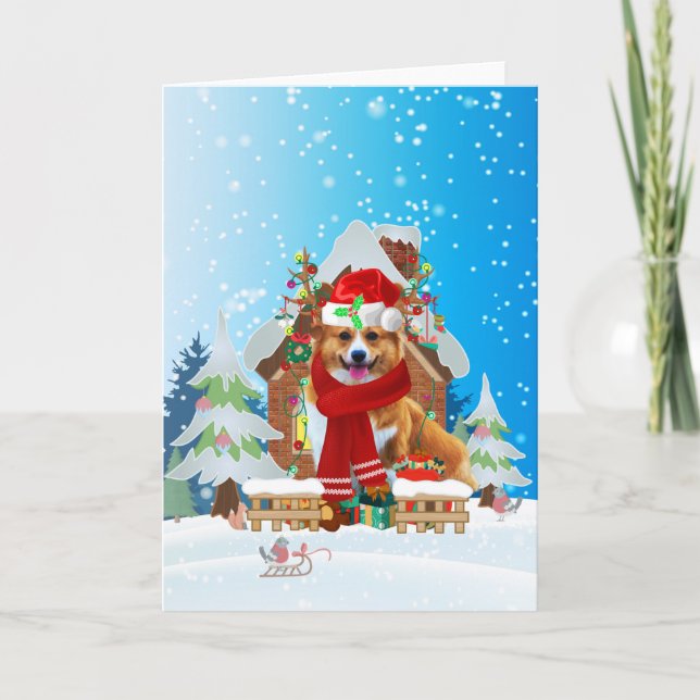 Cartão Corgi in snow with Christmas gifts (Frente)