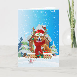 Cartão Corgi in snow with Christmas gifts
