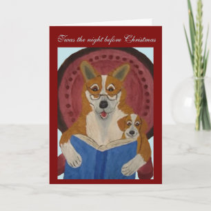 Cartão Corgi lendo Conto de Natal para Cachorrinho