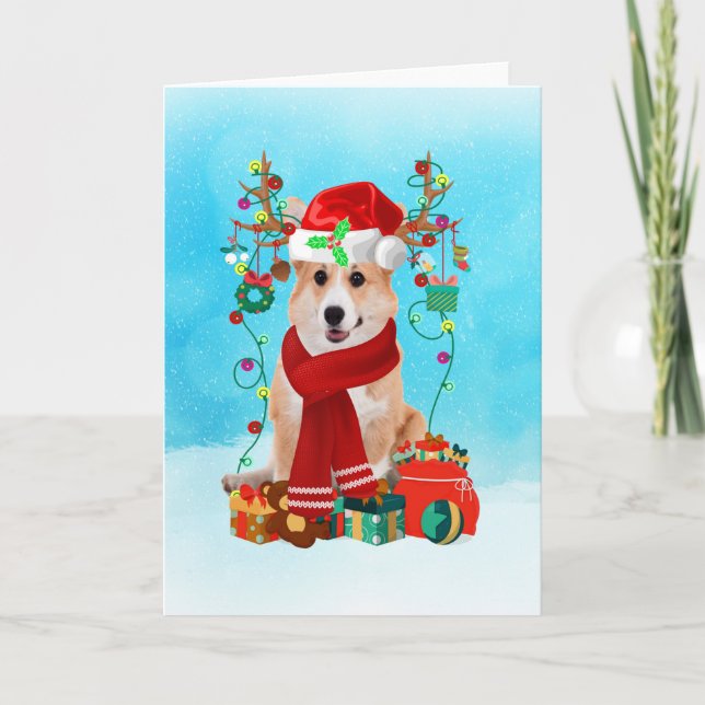 Cartão Corgi na neve com presentes de Natal (Frente)