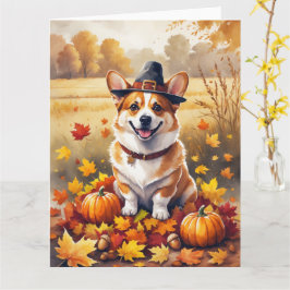 Cartão Corgi nas Folhas de Outono Arte de Ação de Graças