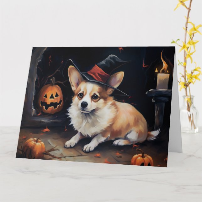 Cartão Corgi Pumpkins Halloween Scary (Flor Amarela)