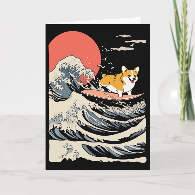 Cartão Corgi Surfando na Onda Japonesa _3 (Frente)