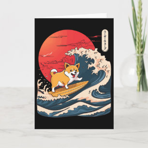Cartão Corgi Surfando na Onda Japonesa _4