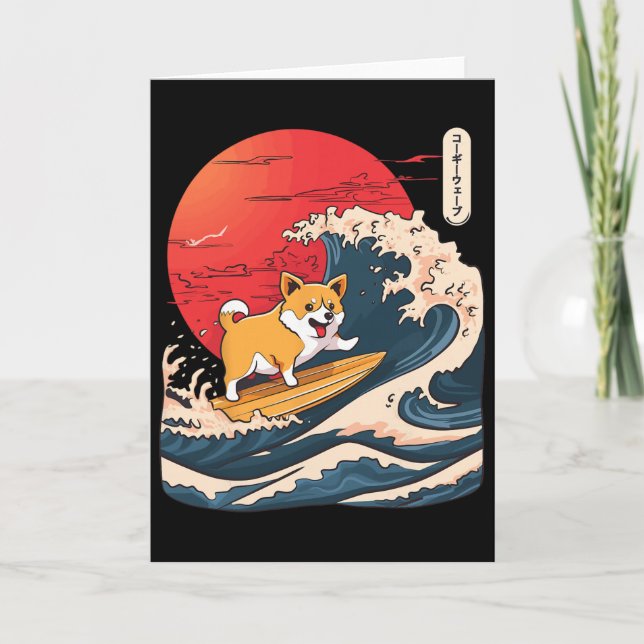 Cartão Corgi Surfando na Onda Japonesa _4 (Frente)