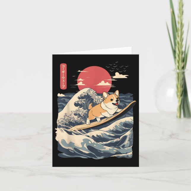 Cartão Corgi Surfing Japonês (Frente)