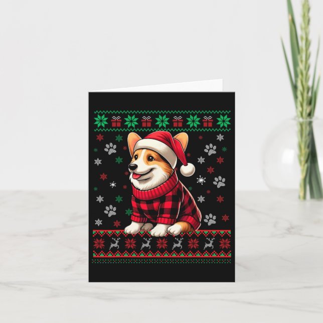Cartão Corgi Ugly Christmas Funny Santa Hat Xadrez Buffal (Frente)