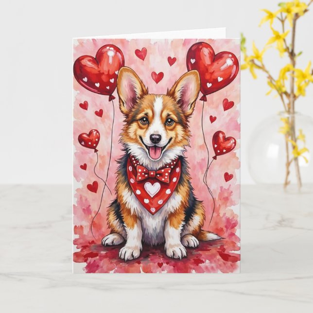 Cartão Corgi Valentine’s Day Dog with Hearts Red (Flor Amarela)