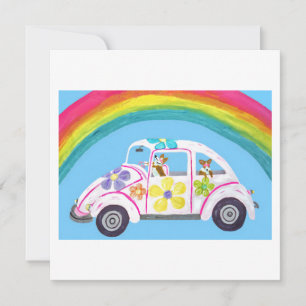 Cartão Corgis em carro hippie na praia com um arco-íris
