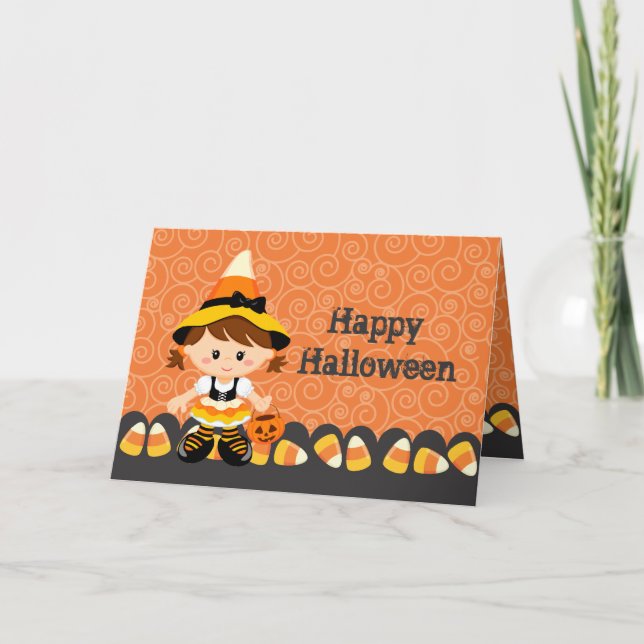 Cartão Corn Candy Little Witch Girl Happy Halloween (Frente)