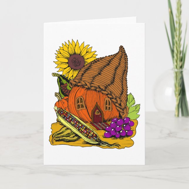Cartão Cornucopia and Pumpkin Fairy House Whimsical Blank (Frente)