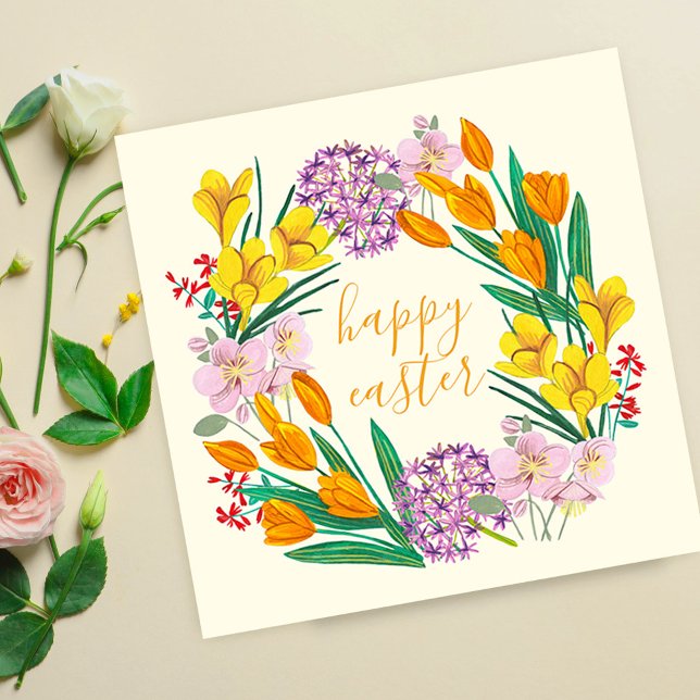 Cartão Coroa de Flores Silvestres da Primavera Feliz Pásc (Spring Wildflower Wreath Happy Easter Floral ArtCard)