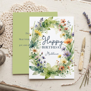 Cartão Coroa de Flores Silvestres em Aquarela para Aniver
