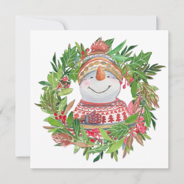Cartão Coroa de Natal de Boneco de Neve Sorridente (Frente)
