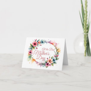 Cartão Coroa Floral de Aquarela do Dia das Mães em Rosa V