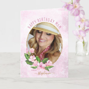 Cartão Coroa Floral de Ouro Rosa com Foto Personalizada d