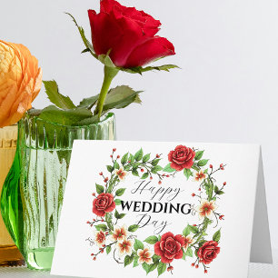 Cartão Coroa Floral Elegante com Rosas Vermelhas Casament