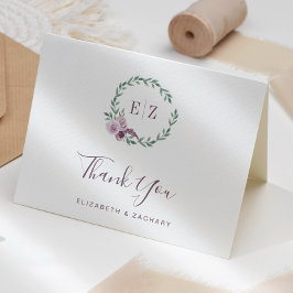 Cartão Coroa Floral Monograma Roxo de Casamento Obrigado