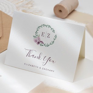 Cartão Coroa Floral Monograma Roxo de Casamento Obrigado
